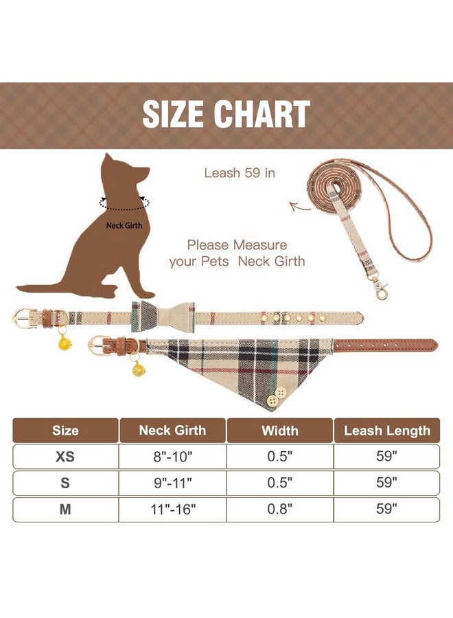 كولتيل طقم طوق ومقود للكلاب الصغيرة من KOOLTAIL مع ربطة عنق وأجراس - طوق ومقود للجراء للإناث بنمط كلاسيكي منقوش متناسق، ومقود من الجلد الناعم المقاوم للتشابك للكلاب الصغيرة للأولاد والبنات، بيج - Image 2