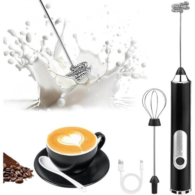 LINJIE Handheld Milk Frother Rechargeable Electric Foam Maker 3 Speed Adjustable Coffee Frother Wand With 2 Stainless Whisks For Latte Cappuccino Hot Chocolate Egg - Image 2