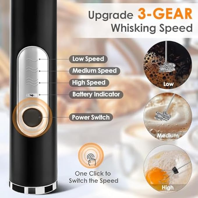 LINJIE Handheld Milk Frother Rechargeable Electric Foam Maker 3 Speed Adjustable Coffee Frother Wand With 2 Stainless Whisks For Latte Cappuccino Hot Chocolate Egg - Image 4