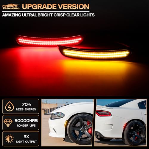 FetonAuto Amber Red LED Side Marker Lights for Dodge Charger SRT Hellcat Scat Pack 2015 2016 2017 2018 2019 2020 2021 2022 2023 2024, Smoked Lens Front Rear Kit - Image 2