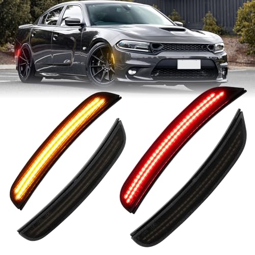 FetonAuto Amber Red LED Side Marker Lights for Dodge Charger SRT Hellcat Scat Pack 2015 2016 2017 2018 2019 2020 2021 2022 2023 2024, Smoked Lens Front Rear Kit - Image 1