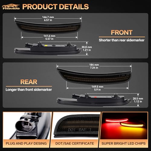 FetonAuto Amber Red LED Side Marker Lights for Dodge Charger SRT Hellcat Scat Pack 2015 2016 2017 2018 2019 2020 2021 2022 2023 2024, Smoked Lens Front Rear Kit - Image 3