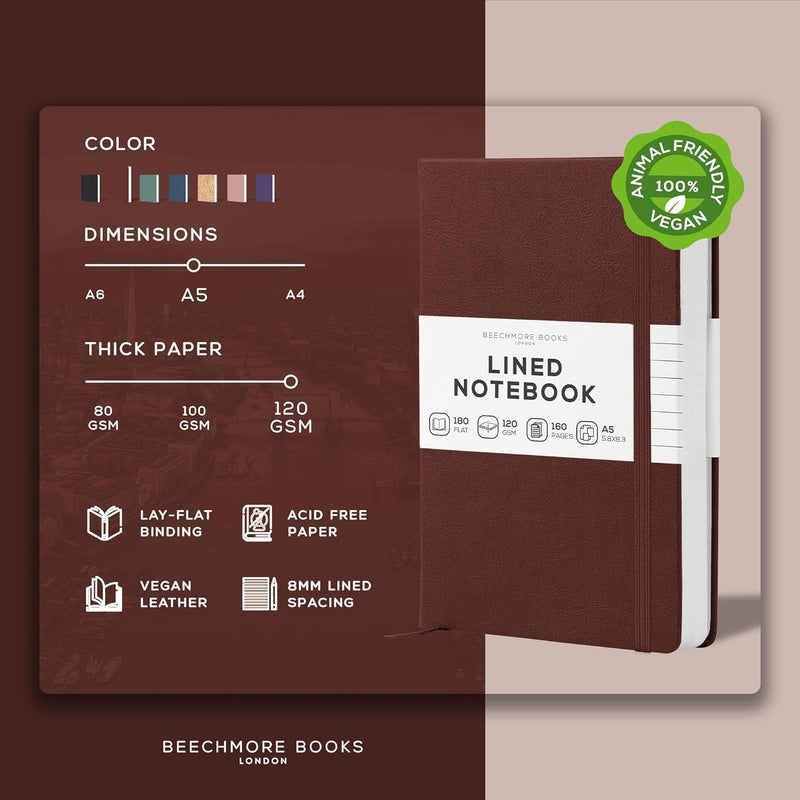 Beechmore Books Lined Journal Notebook, 5.8 x 8.3 inch, A5 160 Lined Pages, Hardcover Leather Journals for Women, Men, Writing and Notebooks for Work - 120 GSM Thick Paper, Gifts Box Included (Chestnut Brown) - Image 2