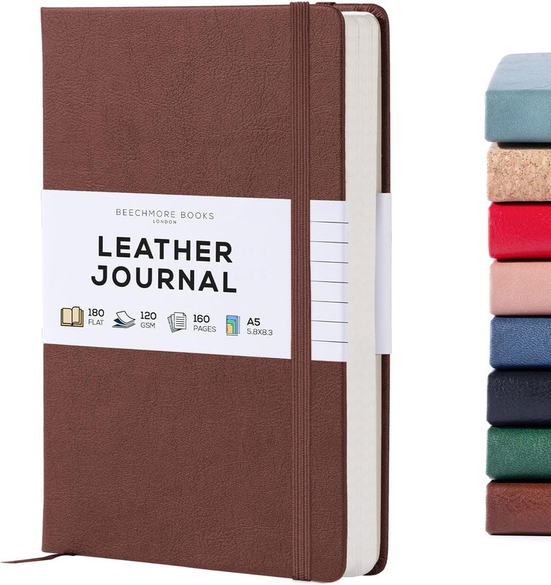 Beechmore Books Lined Journal Notebook, 5.8 x 8.3 inch, A5 160 Lined Pages, Hardcover Leather Journals for Women, Men, Writing and Notebooks for Work - 120 GSM Thick Paper, Gifts Box Included (Chestnut Brown) - Image 1