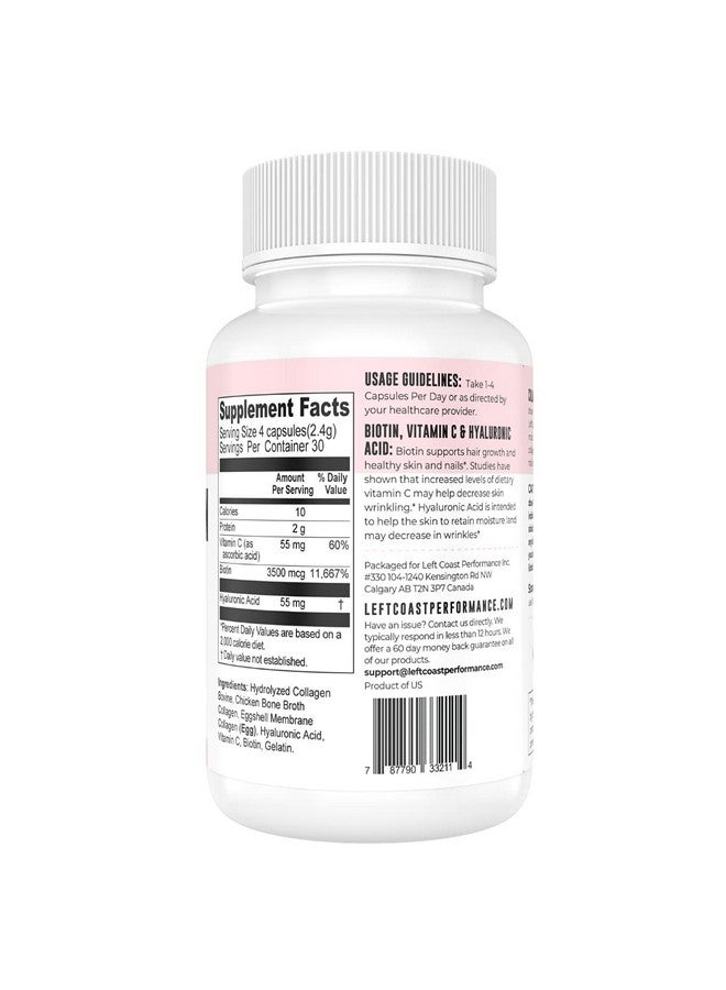 Left Coast Performance Collagen Capsules with Biotin, Hyaluronic Acid, Vitamin C, Hydrolyzed Multi Collagen Peptide Capsules Types I, II, III, V, X For Skin, Hair, Nails and Joint Health Supplement* 120 Count  - Image 3