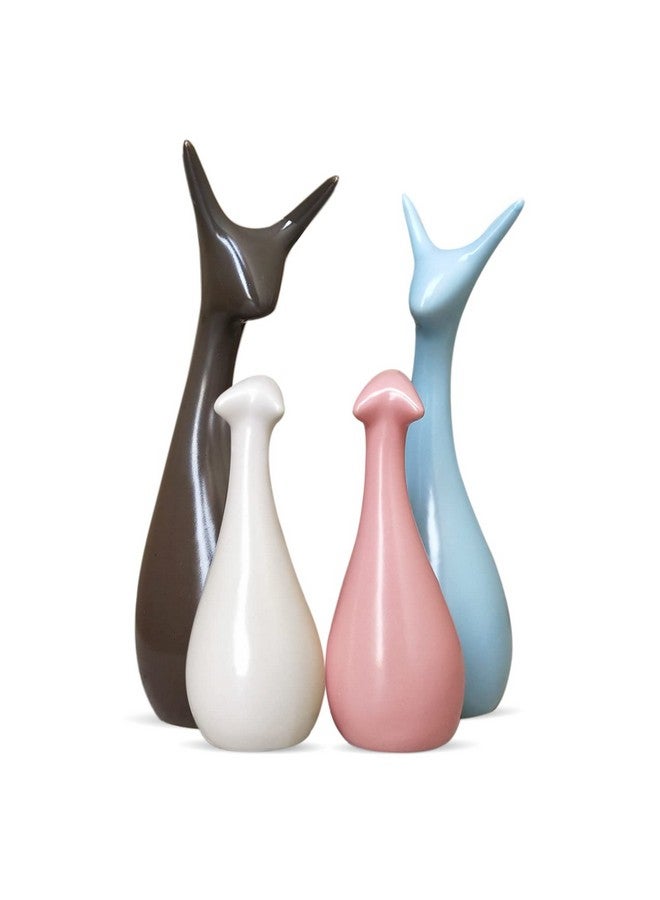 Xtore® Home Décor Lucky Deer Family Matte Finish Ceramic Figures- (Set of 4, Sky, Brown, Pink, Off-White) - Image 1