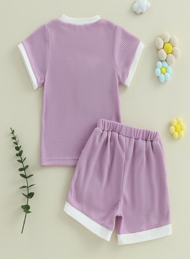 Douhoow Toddler Girl Summer Clothes 3D Flower Short Sleeve T-shirt Tops Elastic Waist Shorts Waffle Baby Girl Outfits (Purple, 18-24 Months) - Image 4