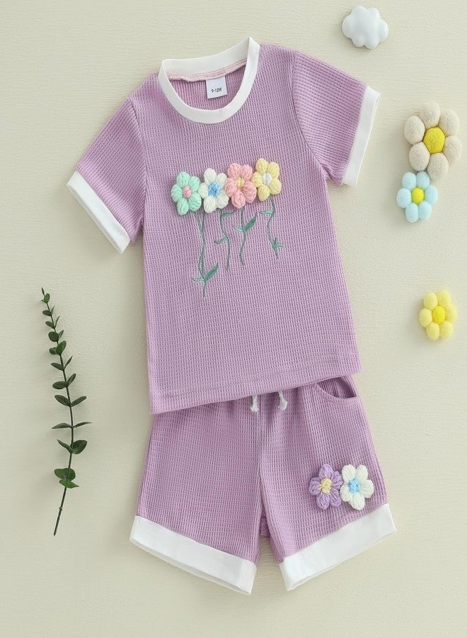 Douhoow Toddler Girl Summer Clothes 3D Flower Short Sleeve T-shirt Tops Elastic Waist Shorts Waffle Baby Girl Outfits (Purple, 18-24 Months) - Image 3