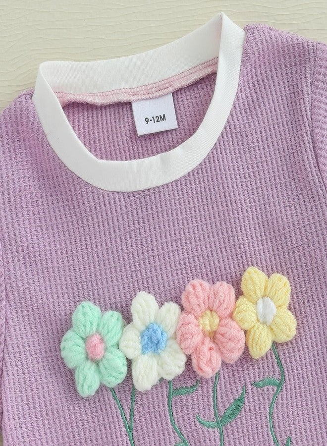 Douhoow Toddler Girl Summer Clothes 3D Flower Short Sleeve T-shirt Tops Elastic Waist Shorts Waffle Baby Girl Outfits (Purple, 18-24 Months) - Image 5