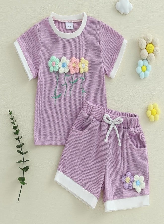 Douhoow Toddler Girl Summer Clothes 3D Flower Short Sleeve T-shirt Tops Elastic Waist Shorts Waffle Baby Girl Outfits (Purple, 18-24 Months) - Image 2