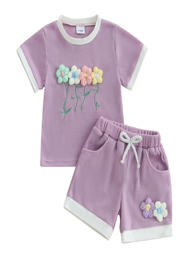 Douhoow Toddler Girl Summer Clothes 3D Flower Short Sleeve T-shirt Tops Elastic Waist Shorts Waffle Baby Girl Outfits (Purple, 18-24 Months) - Image 1