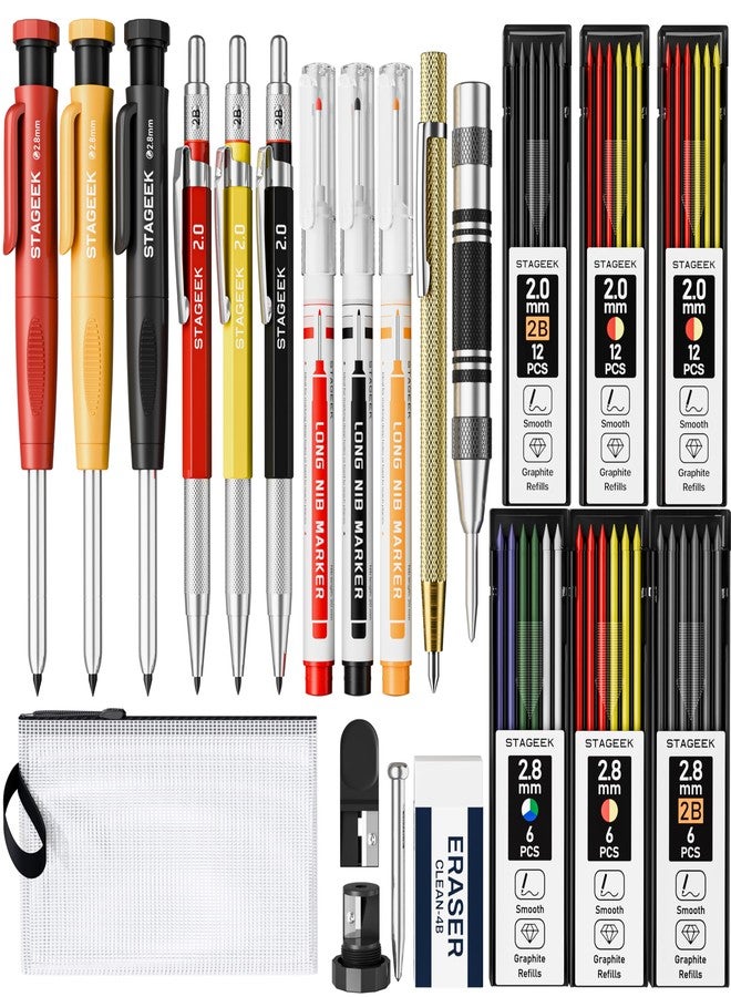 STAGEEK Set of 22 Mechanical Carpenter's Pencils, Automatic Grain, Carbide Scribing Tool, Eraser and Marker Pen for Deep Holes, Heavy Duty Construction Pencil for Architects - with Bag - Image 1