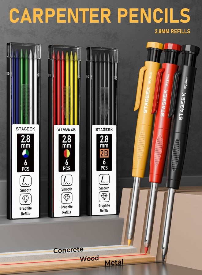 STAGEEK Set of 22 Mechanical Carpenter's Pencils, Automatic Grain, Carbide Scribing Tool, Eraser and Marker Pen for Deep Holes, Heavy Duty Construction Pencil for Architects - with Bag - Image 2