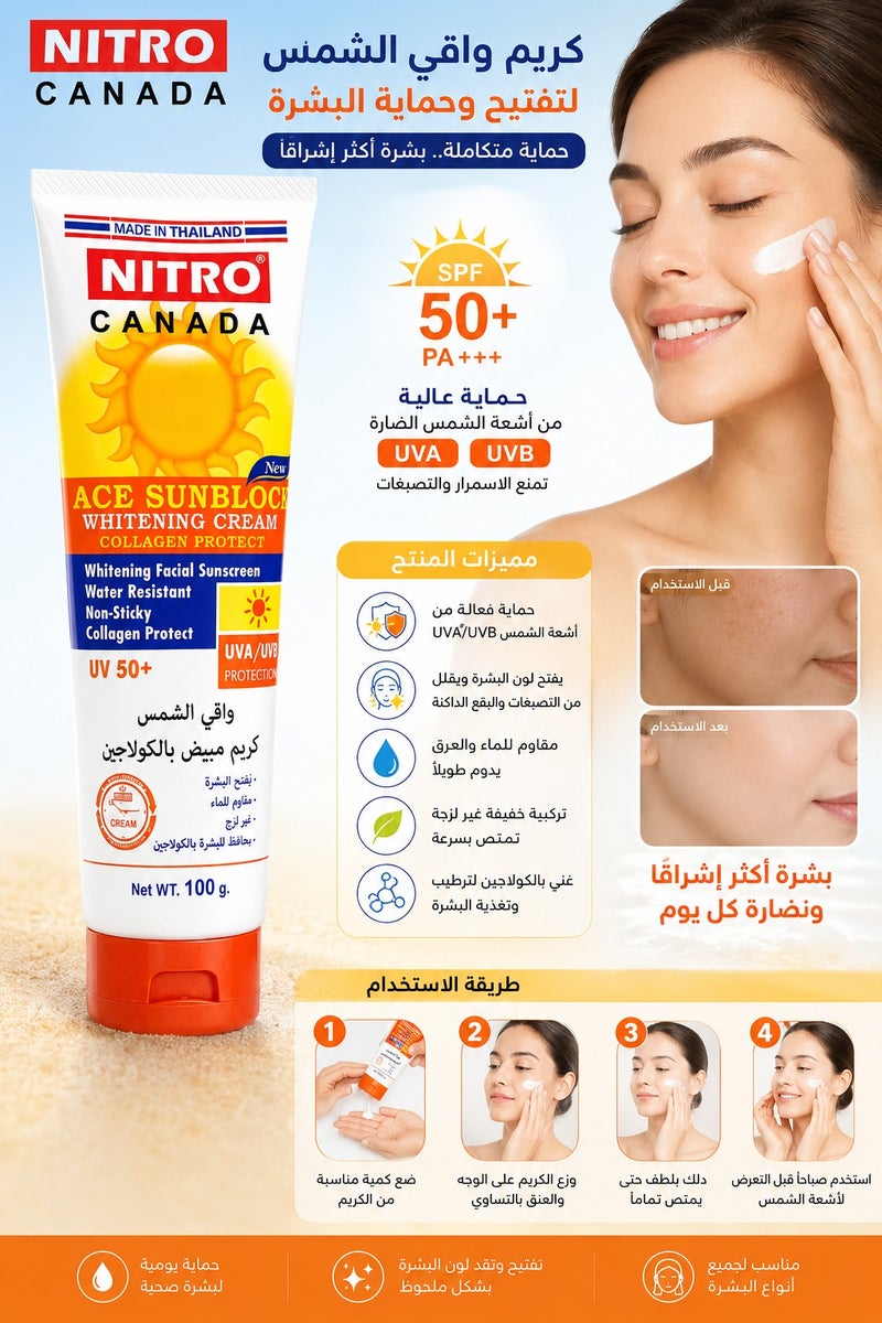 NITRO CANADA Face Sunblock Whitening Cream Collagen UV+50 - 100 g - Image 2