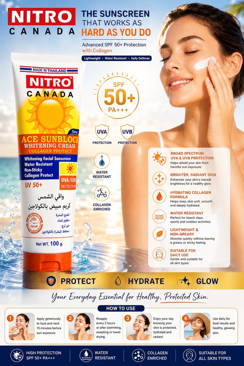 NITRO CANADA Face Sunblock Whitening Cream Collagen UV+50 - 100 g - Image 3