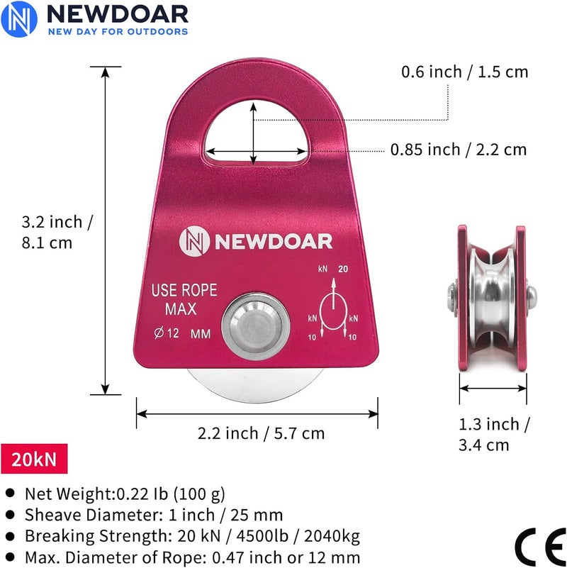 Newdoar Micro Mobile Single Pulley,20kN(4500 lb) Max Rope 1/2in for Rigging Arborist Climbing Rescue,CE Certified - Image 2