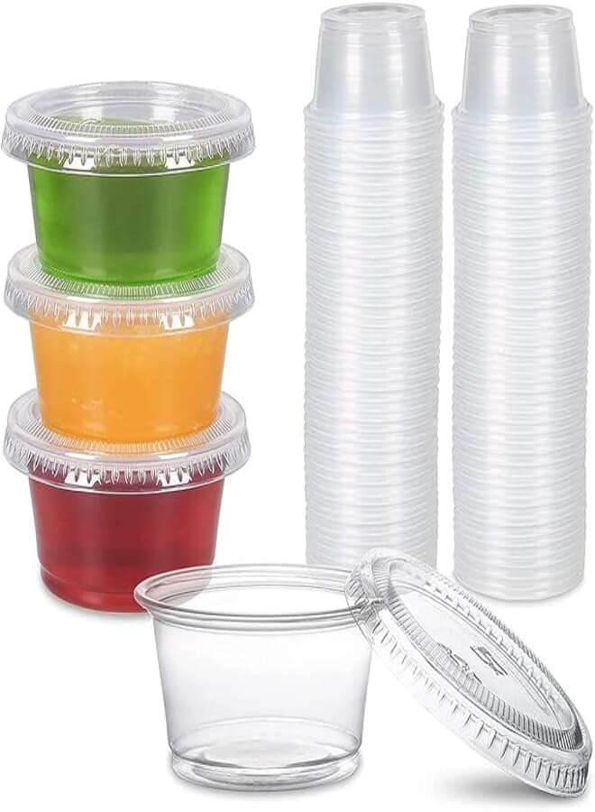 DELFINO Disposable Sauce Cup Disposable Plastic Portion with Lids, Souffle, Shot Cups, Meal Prep Containers [100 Sets - 2 oz] Condiment Cups, Jello Shot, Souffle Portion, Sampling Clear