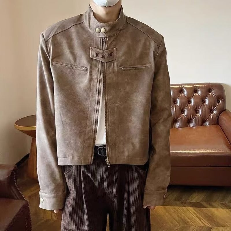 Generic Cross-border Niche Design Sense Short Leather Jacket Mens Trendy Brand fleece-lined Vertical Collar Shoulder Pad Jacket American Style Retro Motorcycle Brown