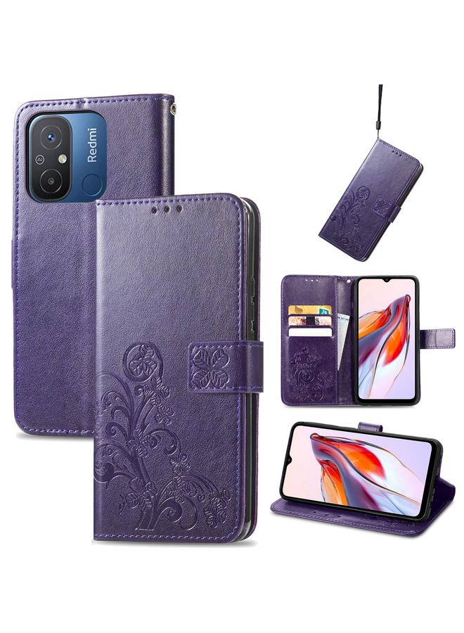Case For Xiaomi Redmi 12C Four-leaf Clasp Embossed Buckle Leather Phone Case