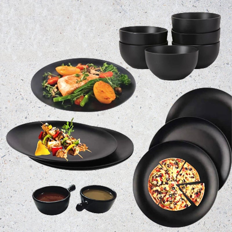 Decor Vibes Melamine 6 Black Dinner Set Plates with 6 Bowls and 2 Dip Bowl for Restaurant, Dinner Set for Snacks and gifiting Purpose (Matt Black, 10 Inch, Combo of 14) - Image 1
