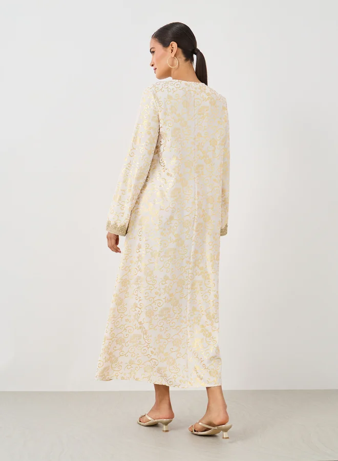 Take Two Take Two Floral Print Embroidered Detail Long Sleeve Jalabiya