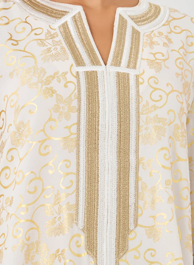 Take Two Take Two Floral Print Embroidered Detail Long Sleeve Jalabiya