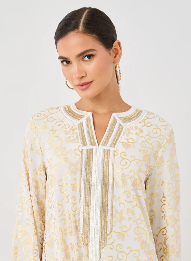 Take Two Take Two Floral Print Embroidered Detail Long Sleeve Jalabiya