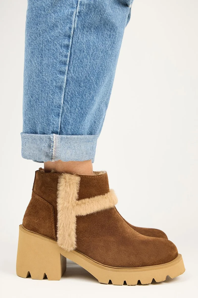 Manijero Manijero Zoe Women's Genuine Leather Boots with Fur Detail in Tan