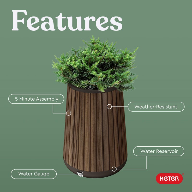 Keter Signature Conic 28.5 Inch Tall Round Large Wood Look Planter for Indoor or Outdoor Flower Pot Ideal for Patio Deck and Front Porch Decor, Rosewood - Image 4