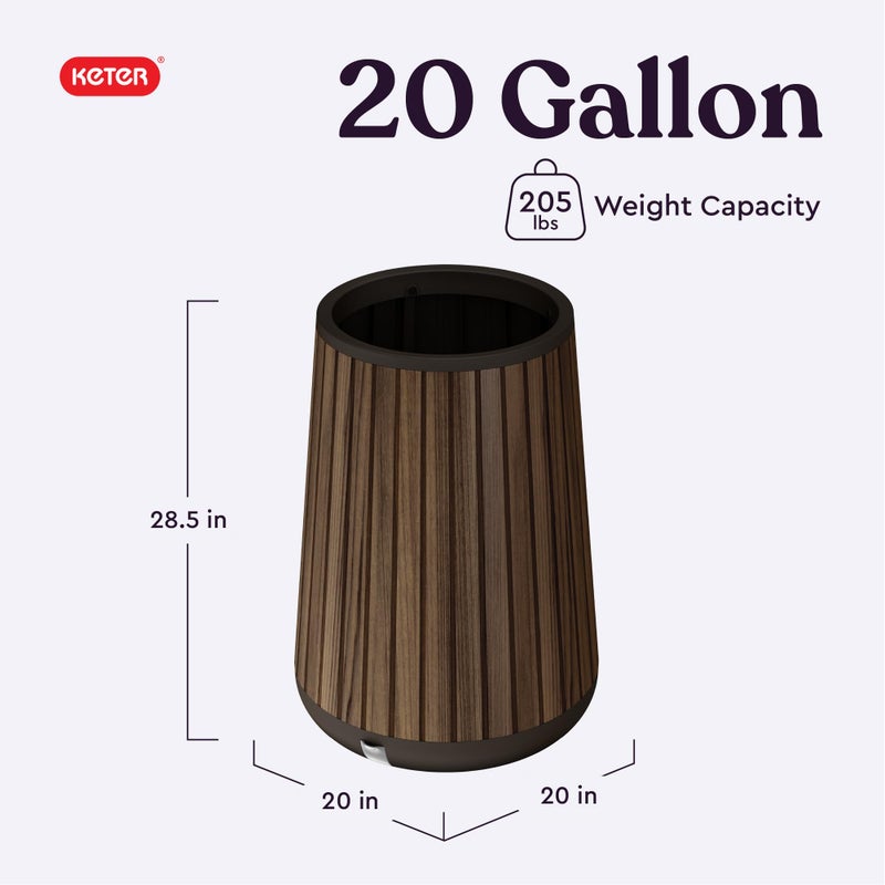 Keter Signature Conic 28.5 Inch Tall Round Large Wood Look Planter for Indoor or Outdoor Flower Pot Ideal for Patio Deck and Front Porch Decor, Rosewood - Image 2