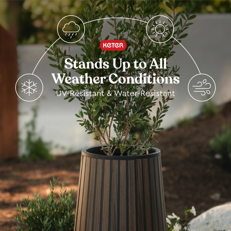 Keter Signature Conic 28.5 Inch Tall Round Large Wood Look Planter for Indoor or Outdoor Flower Pot Ideal for Patio Deck and Front Porch Decor, Rosewood - Image 3