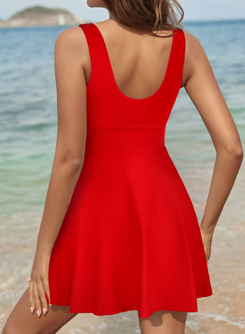SHEKINI Women's Drawstring Front Cutout Swimdress Tummy Control One Piece Skirt Swimsuit (Red, Small) - Image 4
