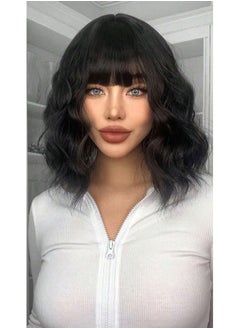 LOSMOEER Natural Black Wig With Bangs Short Wavy Wigs For Women Shoulder Length Curly Bob Wigs Heat Resistant Synthetic Wigs For Halloween Cosplay Daily Party Use  - Image 1