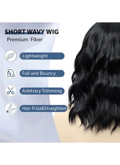 LOSMOEER Natural Black Wig With Bangs Short Wavy Wigs For Women Shoulder Length Curly Bob Wigs Heat Resistant Synthetic Wigs For Halloween Cosplay Daily Party Use  - Image 4