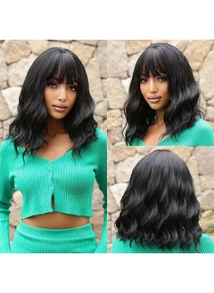 LOSMOEER Natural Black Wig With Bangs Short Wavy Wigs For Women Shoulder Length Curly Bob Wigs Heat Resistant Synthetic Wigs For Halloween Cosplay Daily Party Use  - Image 2