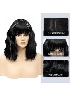 LOSMOEER Natural Black Wig With Bangs Short Wavy Wigs For Women Shoulder Length Curly Bob Wigs Heat Resistant Synthetic Wigs For Halloween Cosplay Daily Party Use  - Image 3