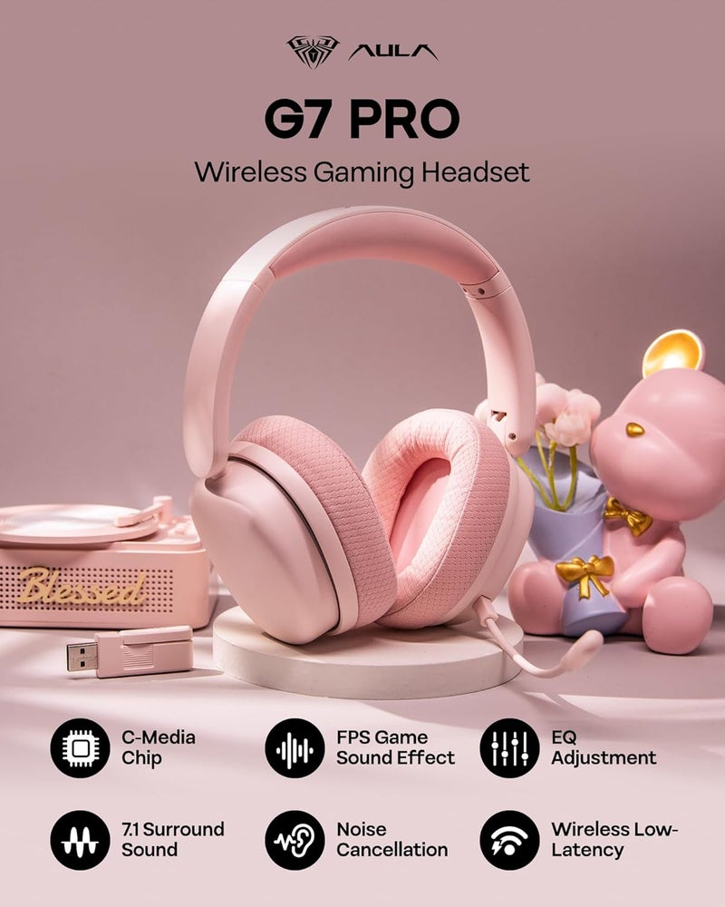 EPOMAKER X AULA G7 Pro Wireless Gaming Headset, Dual Mode BT5.3 & 2.4GHz, 7.1 Surround Sound, 80+ Hour Battery, RGB Light, with Noise Canceling Mic for PS5, PS4, Switch, PC (Pink) - Image 2