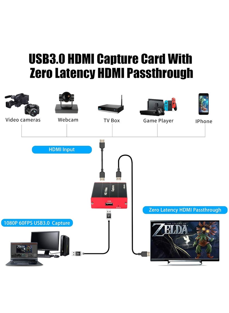 USB 3.0 HDMI Video Capture Card 1080P 60FPS HD with HDMI Port Works with DSLR Xbox PS4 Nintendo Switch for OBS Gaming Twitch Live Streaming Recording - Image 2