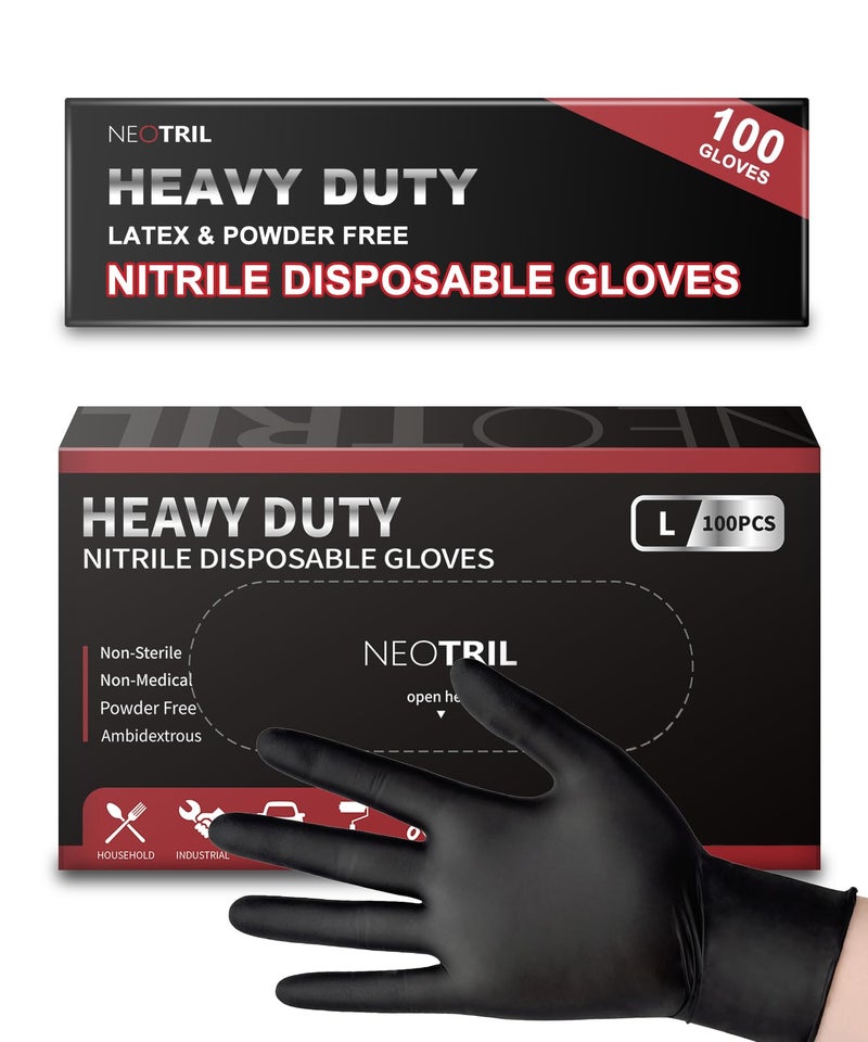 NEOTRIL 6 Mil Heavy Duty Black Nitrile Disposable Gloves, Latex-Free Powder-Free, Textured Grip Rubber Gloves for Cooking Food Prep Cleaning Mechanic, L | 100PCS - Image 1