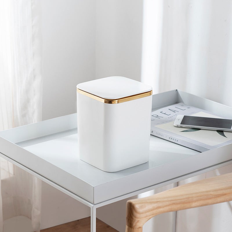 Desktop Trash Bin Mini Cute Small Press Flap Cover Wall-Mountable Simple Square Desktop Trash Bin(White) - Image 2
