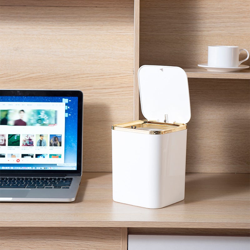 Desktop Trash Bin Mini Cute Small Press Flap Cover Wall-Mountable Simple Square Desktop Trash Bin(White) - Image 5