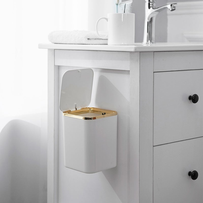 Desktop Trash Bin Mini Cute Small Press Flap Cover Wall-Mountable Simple Square Desktop Trash Bin(White) - Image 4
