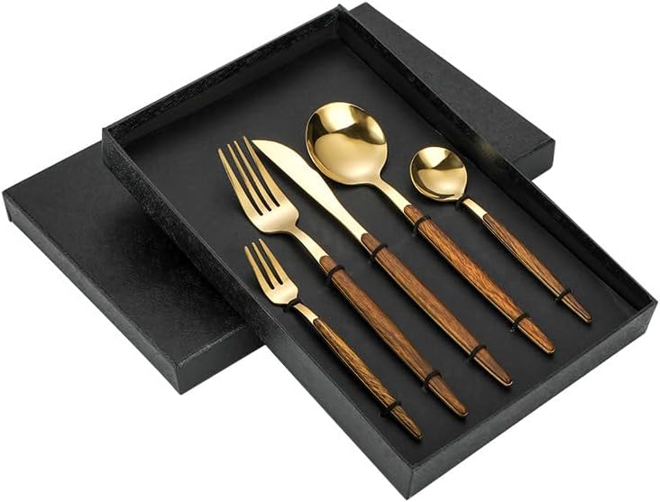 Silverware Flatware Cutlery Set, 5/20/30/40/50/60 Pieces Household Wood Grain Knives, Creative Cutlery, Forks and Spoons, Stainless Steel Tableware Box Set-60Pcs (Gold 4Set) - Image 1