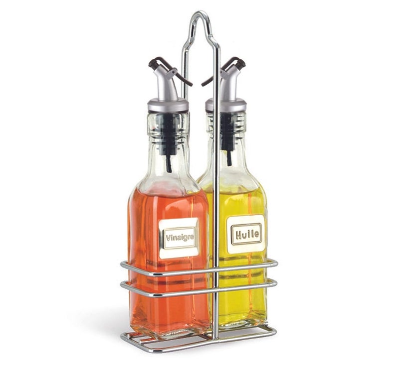 Cuisinox Cruet Oil and Vinegar Bottles Set with Dripless Spouts and Wire Caddy, French Labels - 6 oz each - Image 2