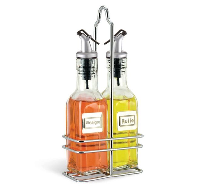 Cuisinox Cruet Oil and Vinegar Bottles Set with Dripless Spouts and Wire Caddy, French Labels - 6 oz each - Image 1