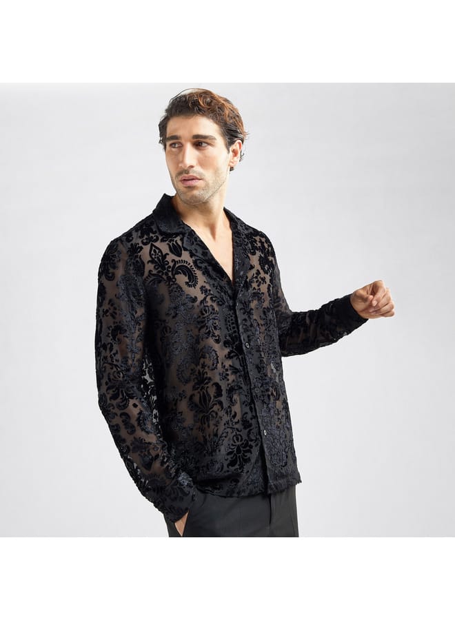 Splash FAV Regular Fit Floral Textured Shirt with Long Sleeves and Camp Collar  - Image 1