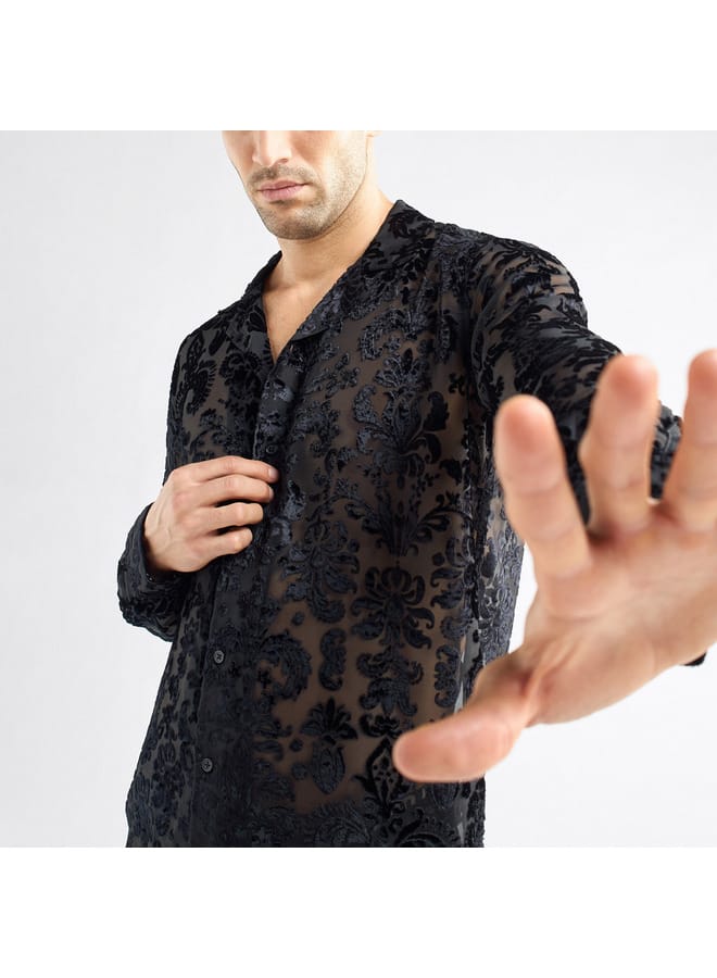 Splash FAV Regular Fit Floral Textured Shirt with Long Sleeves and Camp Collar  - Image 4