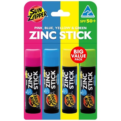 Sun Zapper Zinc Oxide Sunscreen Stick SPF 50 Tinted 4Pack Pink Blue Green Yellow Sunscreen Stick Zinc Sunscreen Water Resistant Broad Spectrum UVAUVB Made in Australia