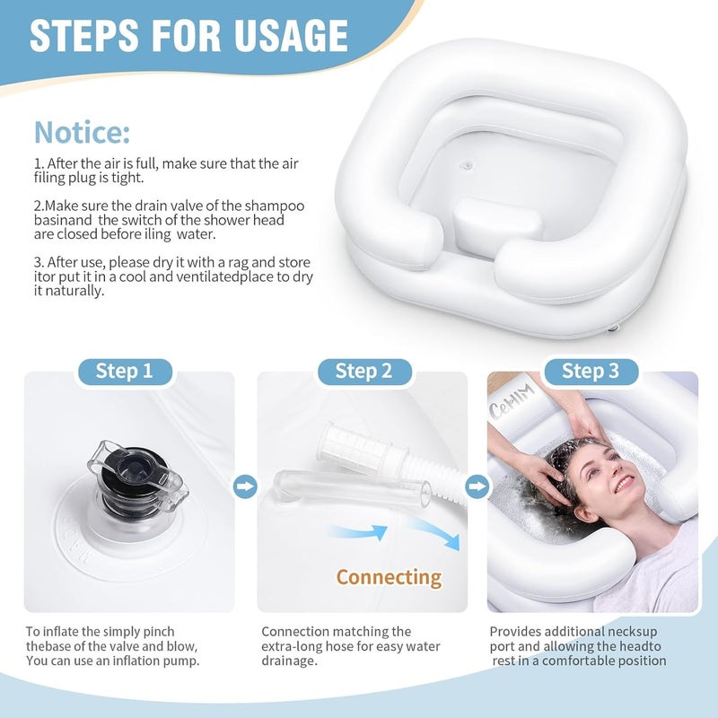 يُسلِّم حوض شامبو قابل للانتفاخ -إناء شامبو محمول، حوض غسيل الشعر لطريحي الفراش، والمعوقين، والمصابين، حوض غسيل الشعر لخصلات الشعر والغسيل المنزلي (أبيض) - Image 3