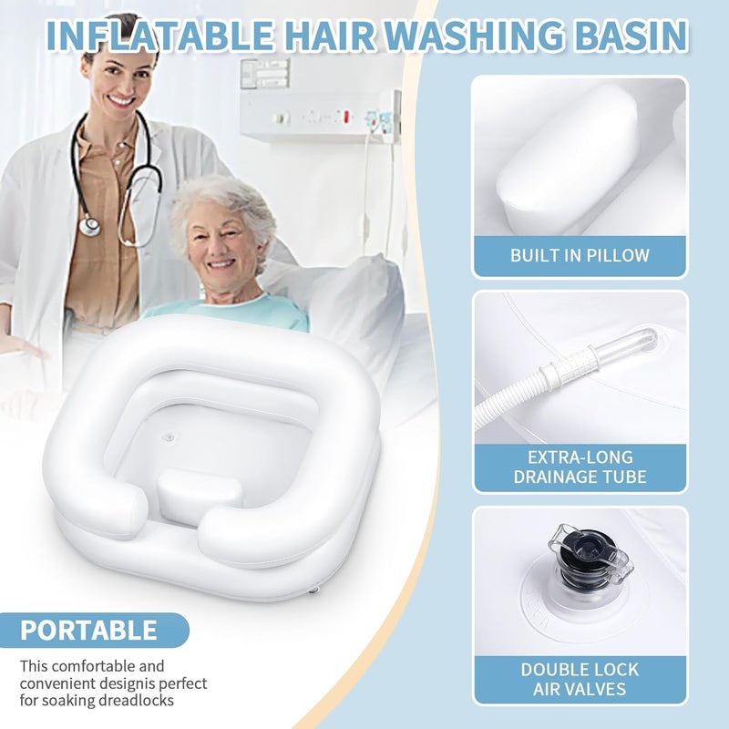 يُسلِّم حوض شامبو قابل للانتفاخ -إناء شامبو محمول، حوض غسيل الشعر لطريحي الفراش، والمعوقين، والمصابين، حوض غسيل الشعر لخصلات الشعر والغسيل المنزلي (أبيض) - Image 4